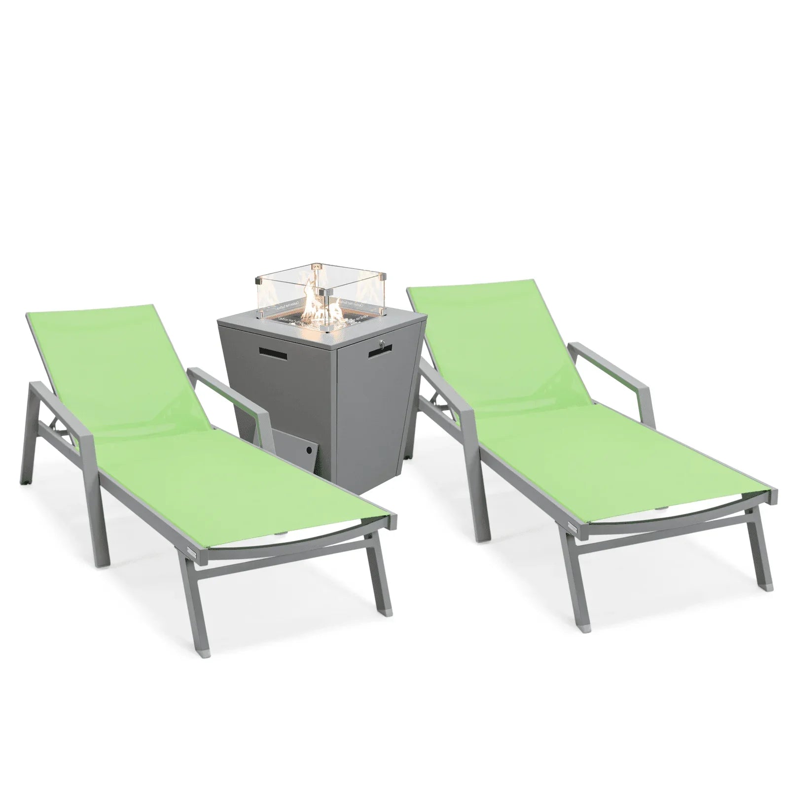 Marlin Modern Grey Aluminum Outdoor Chaise Lounge Chair Set of 2 With Arms and Square Fire Pit Side Table for Patio - Elax Furniture