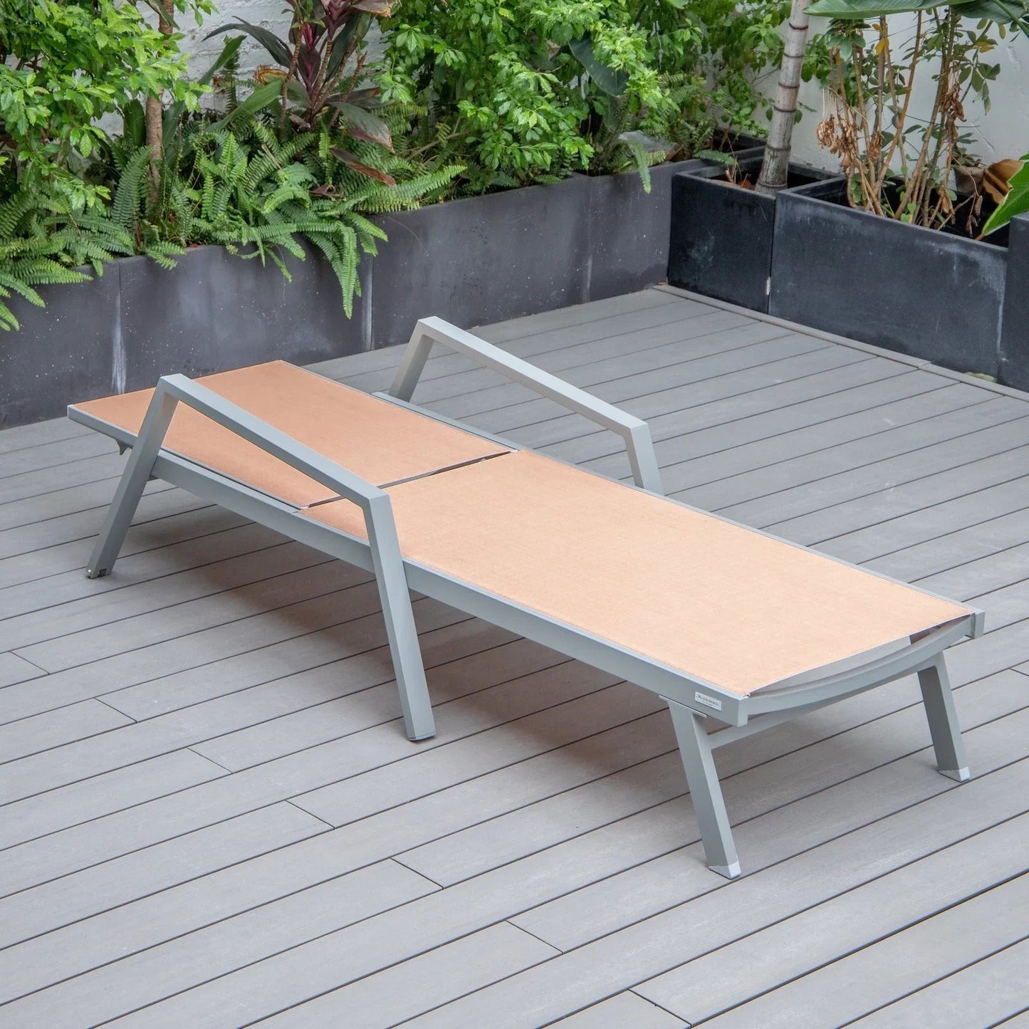 Marlin Modern Grey Aluminum Outdoor Chaise Lounge Chair Set of 2 With Arms and Square Fire Pit Side Table for Patio - Elax Furniture