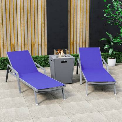 Marlin Modern White Aluminum Outdoor Chaise Lounge Chair Set of 2 With Arms And Square Fire Pit Side Table for Patio - Elax Furniture