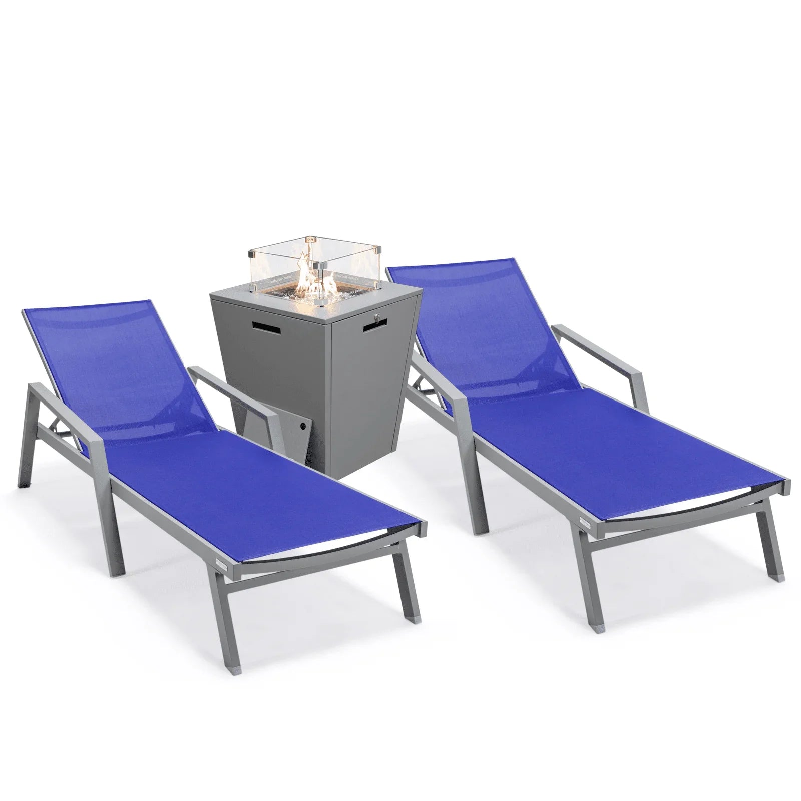 Marlin Modern Grey Aluminum Outdoor Chaise Lounge Chair Set of 2 With Arms and Square Fire Pit Side Table for Patio - Elax Furniture