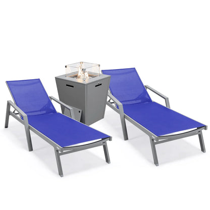 Marlin Modern Grey Aluminum Outdoor Chaise Lounge Chair Set of 2 With Arms and Square Fire Pit Side Table for Patio - Elax Furniture