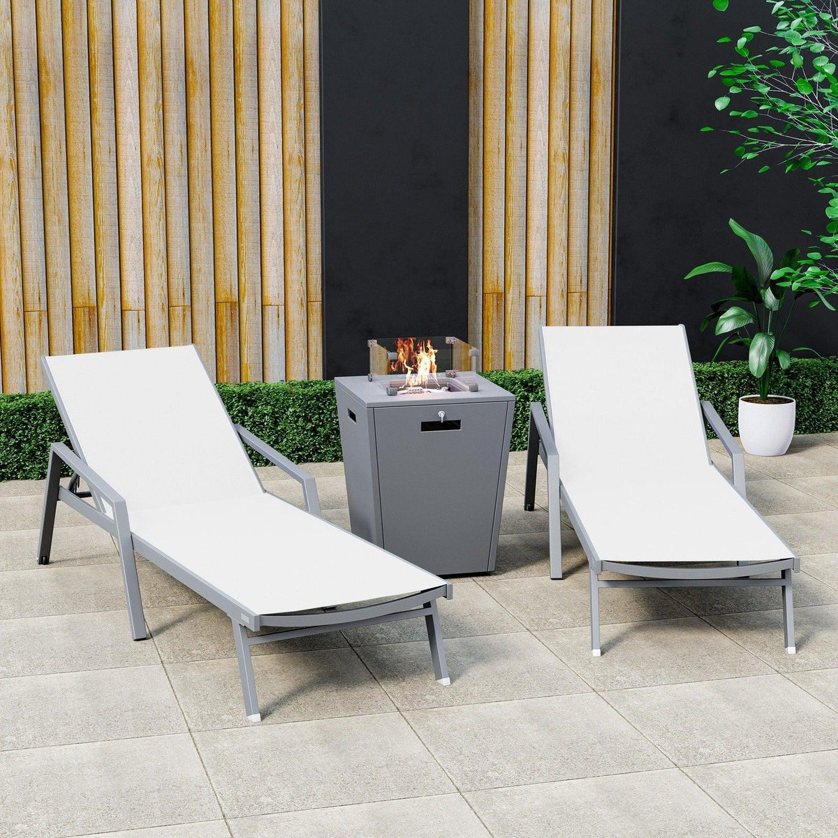 Marlin Modern White Aluminum Outdoor Chaise Lounge Chair Set of 2 With Arms And Square Fire Pit Side Table for Patio - Elax Furniture