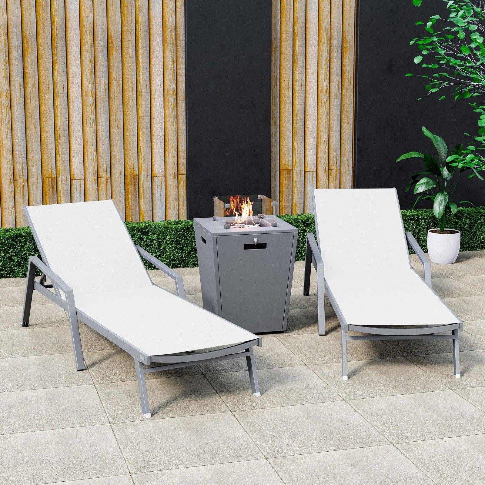 Marlin Modern Grey Aluminum Outdoor Chaise Lounge Chair Set of 2 With Arms and Square Fire Pit Side Table for Patio - Elax Furniture