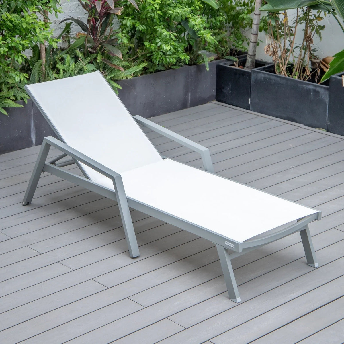 Marlin Modern Grey Aluminum Outdoor Chaise Lounge Chair Set of 2 With Arms and Square Fire Pit Side Table for Patio - Elax Furniture