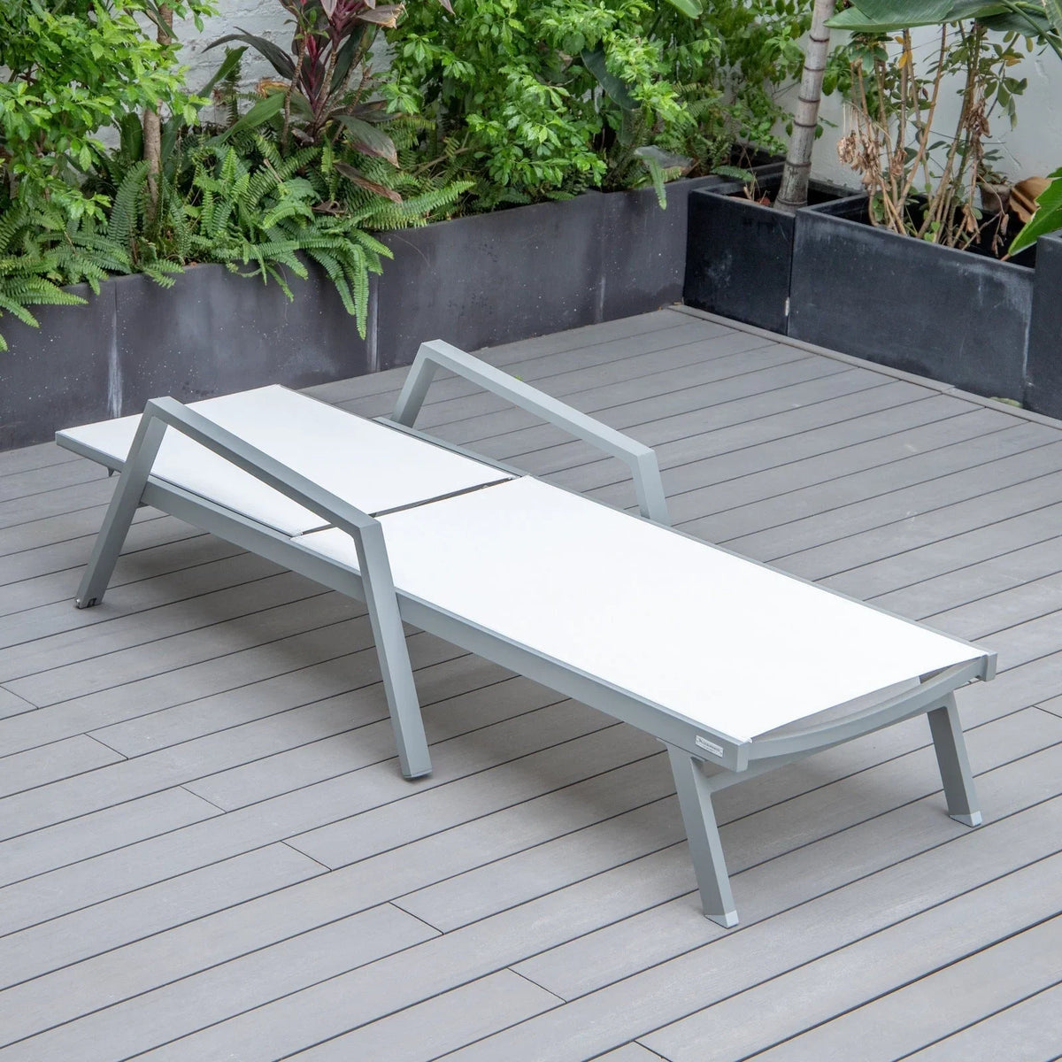 Marlin Modern Grey Aluminum Outdoor Chaise Lounge Chair Set of 2 With Arms and Square Fire Pit Side Table for Patio - Elax Furniture