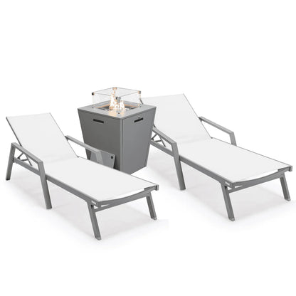 Marlin Modern Grey Aluminum Outdoor Chaise Lounge Chair Set of 2 With Arms and Square Fire Pit Side Table for Patio - Elax Furniture
