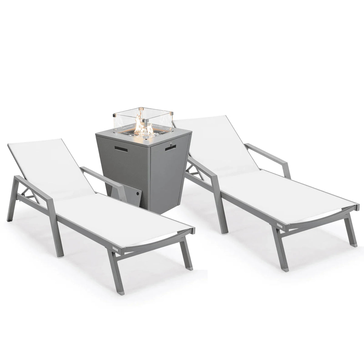Marlin Modern White Aluminum Outdoor Chaise Lounge Chair Set of 2 With Arms And Square Fire Pit Side Table for Patio - Elax Furniture