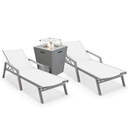 Marlin Modern White Aluminum Outdoor Chaise Lounge Chair Set of 2 With Arms And Square Fire Pit Side Table for Patio - Elax Furniture
