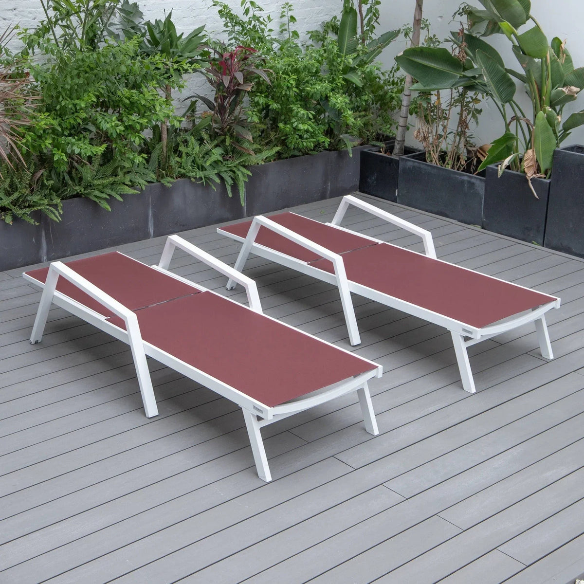 Marlin Patio Chaise Lounge Chair with Armrests in White Aluminum Frame, Set of 2 - Elax Furniture