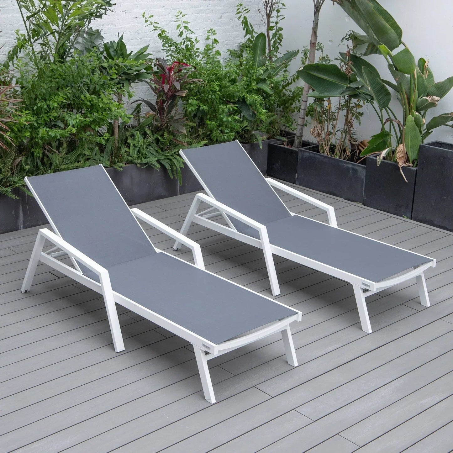 Marlin Patio Chaise Lounge Chair with Armrests in White Aluminum Frame, Set of 2 - Elax Furniture