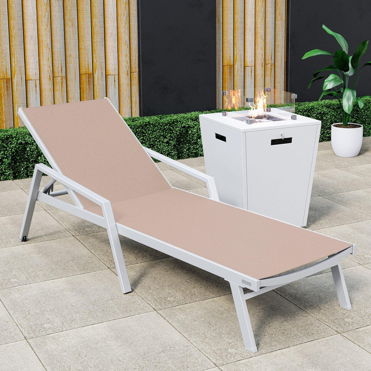 Marlin Aluminum Outdoor Chaise Lounge Chair with a Square Fire Pit Table - Elax Furniture