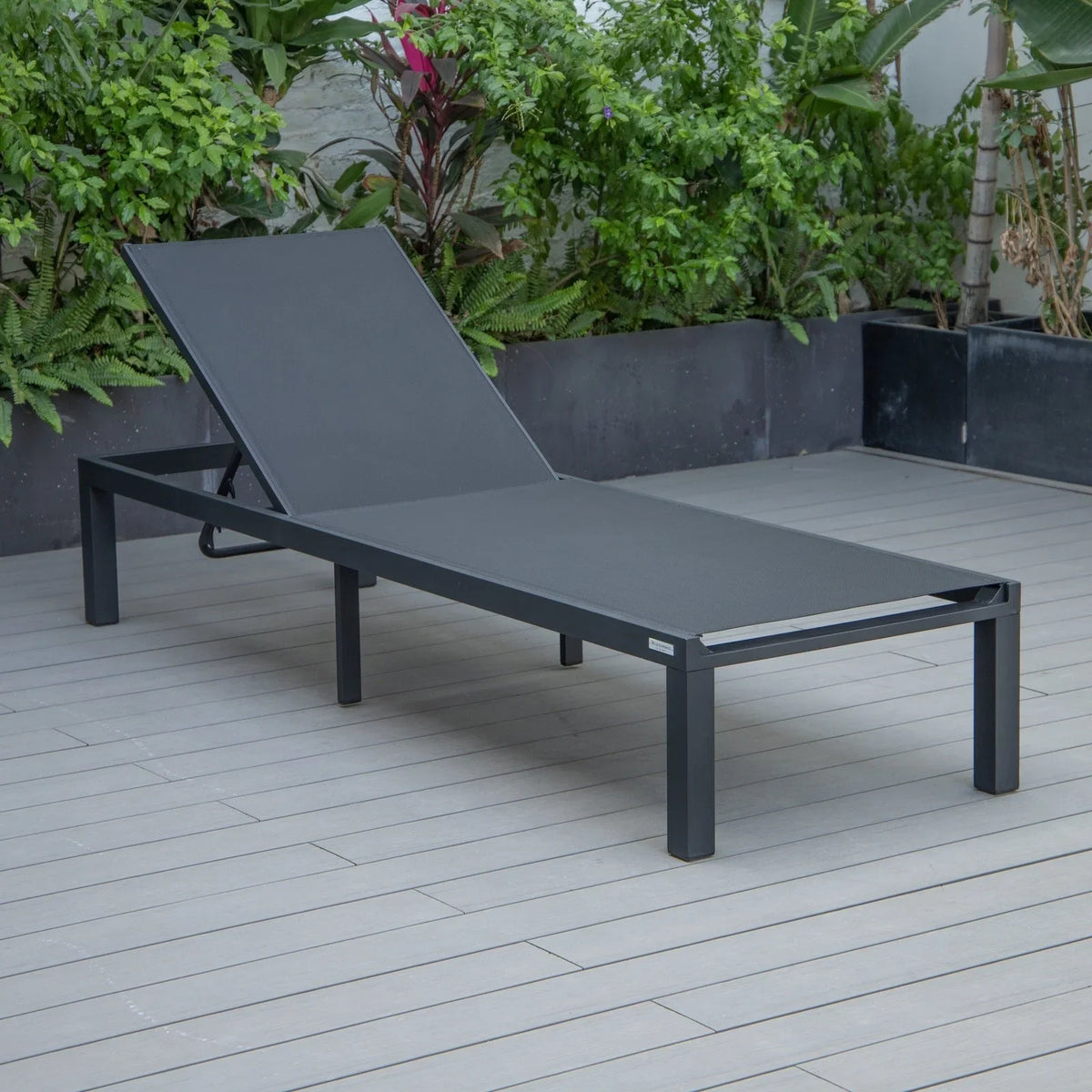 Marlin Modern Black Aluminum Outdoor Chaise Lounge Chair With Square Fire Pit Side Table Set of 2 - Elax Furniture