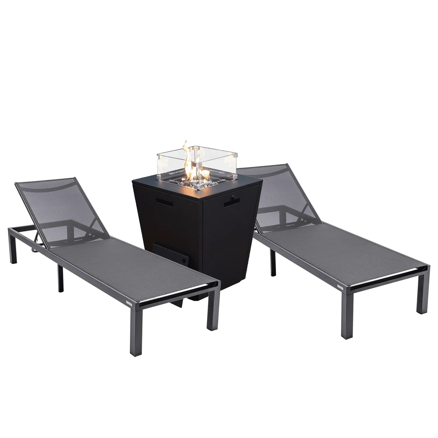 Marlin Modern Black Aluminum Outdoor Chaise Lounge Chair With Square Fire Pit Side Table Set of 2 - Elax Furniture