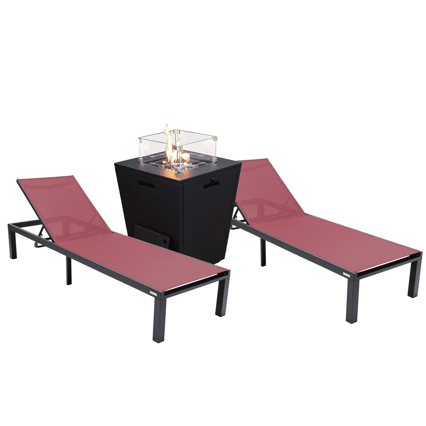 Marlin Modern Black Aluminum Outdoor Chaise Lounge Chair With Square Fire Pit Side Table Set of 2 - Elax Furniture