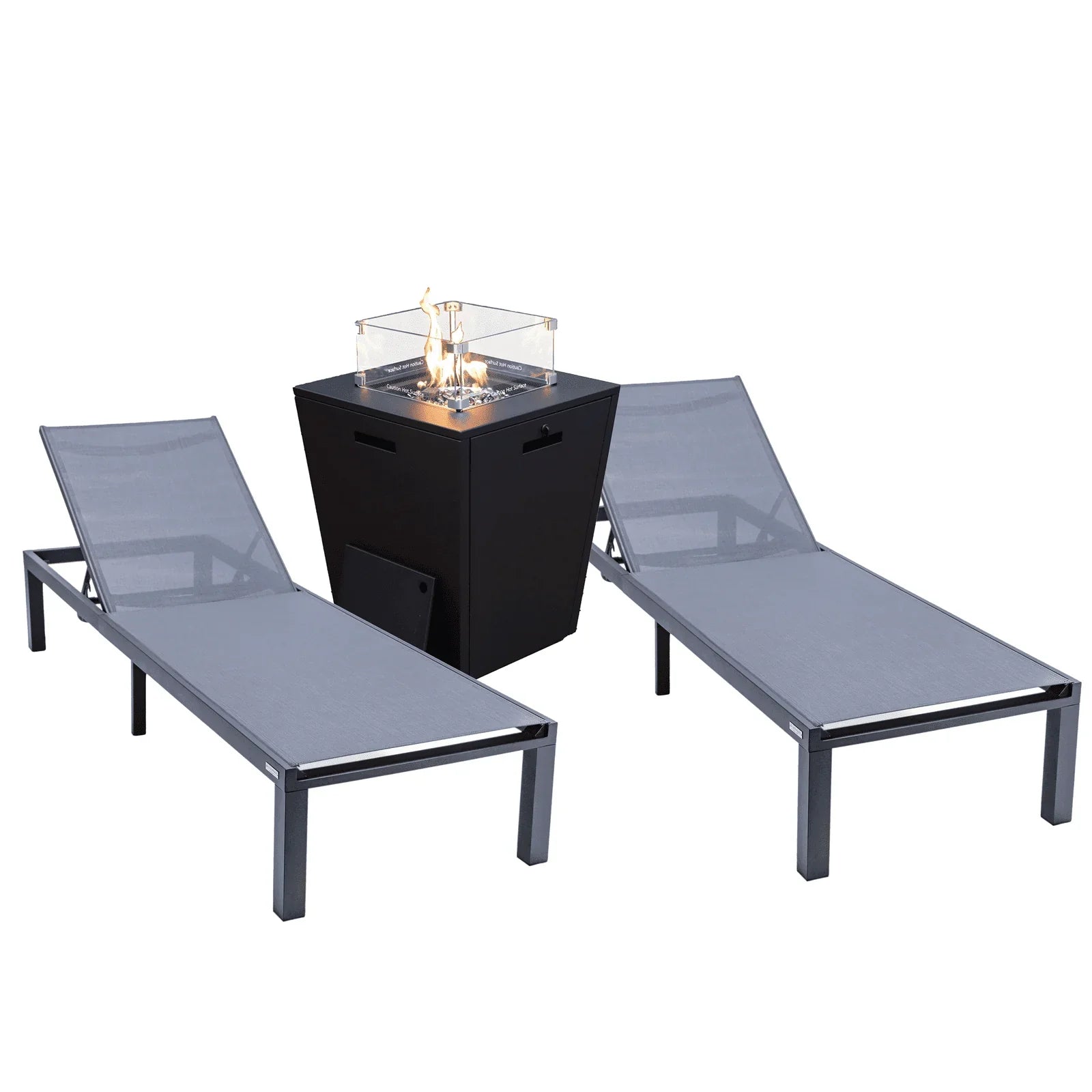Marlin Modern Black Aluminum Outdoor Chaise Lounge Chair With Square Fire Pit Side Table Set of 2 - Elax Furniture