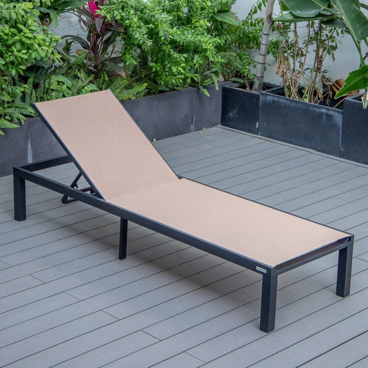 Marlin Modern Black Aluminum Outdoor Chaise Lounge Chair With Square Fire Pit Side Table Set of 2 - Elax Furniture