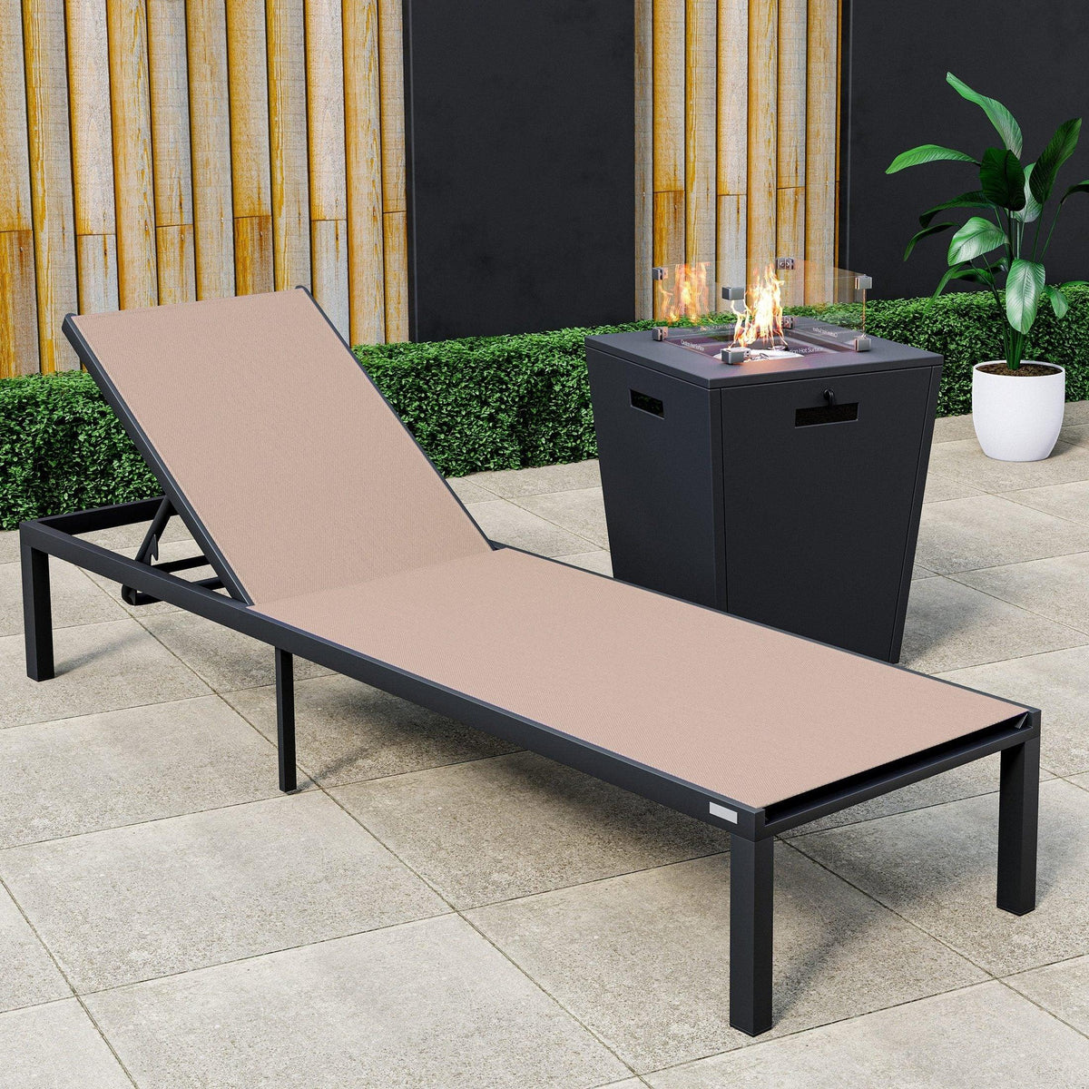 Marlin Aluminum Outdoor Chaise Lounge Chair with a Square Fire Pit Table - Elax Furniture