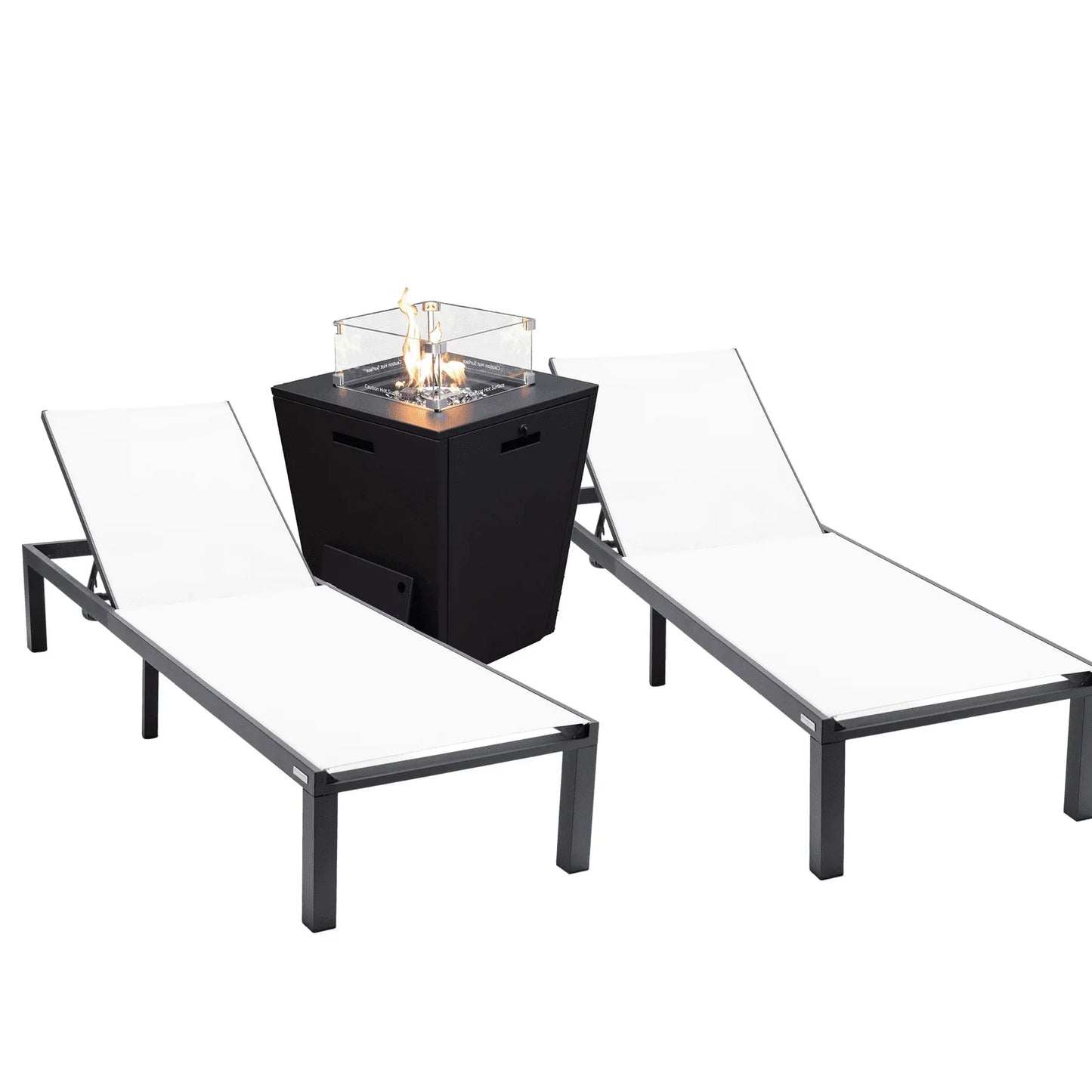 Marlin Modern Black Aluminum Outdoor Chaise Lounge Chair With Square Fire Pit Side Table Set of 2 - Elax Furniture