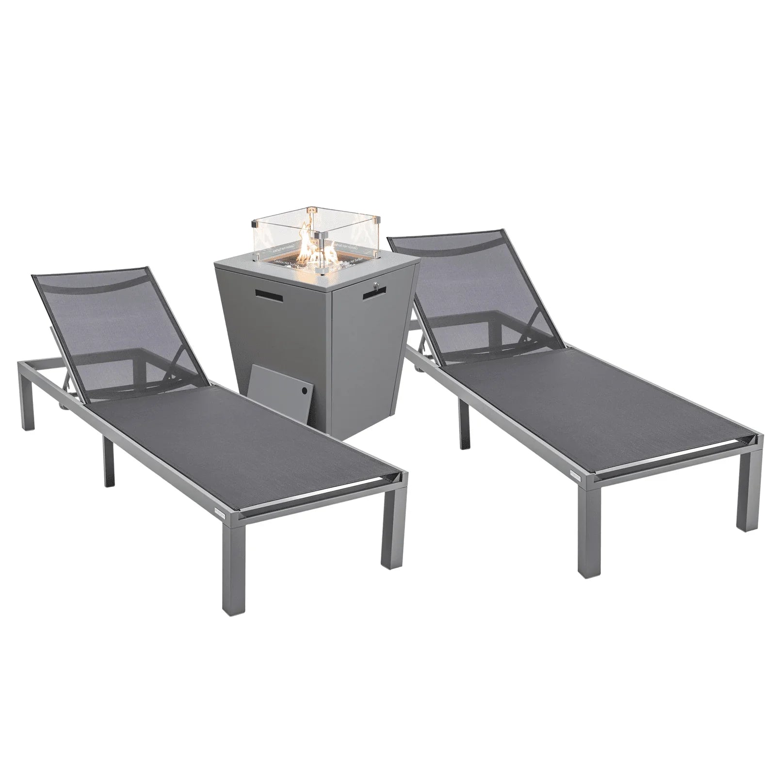Marlin Modern Gray Aluminum Outdoor Chaise Lounge Chair With Square Fire Pit Side Table Set of 2 - Elax Furniture