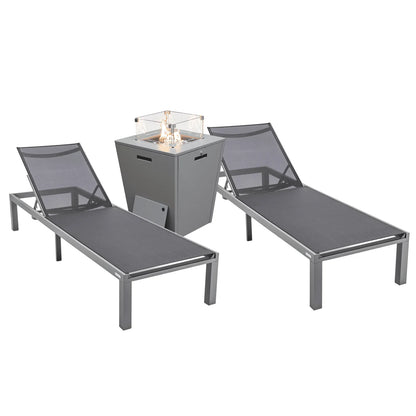 Marlin Modern Gray Aluminum Outdoor Chaise Lounge Chair With Square Fire Pit Side Table Set of 2 - Elax Furniture
