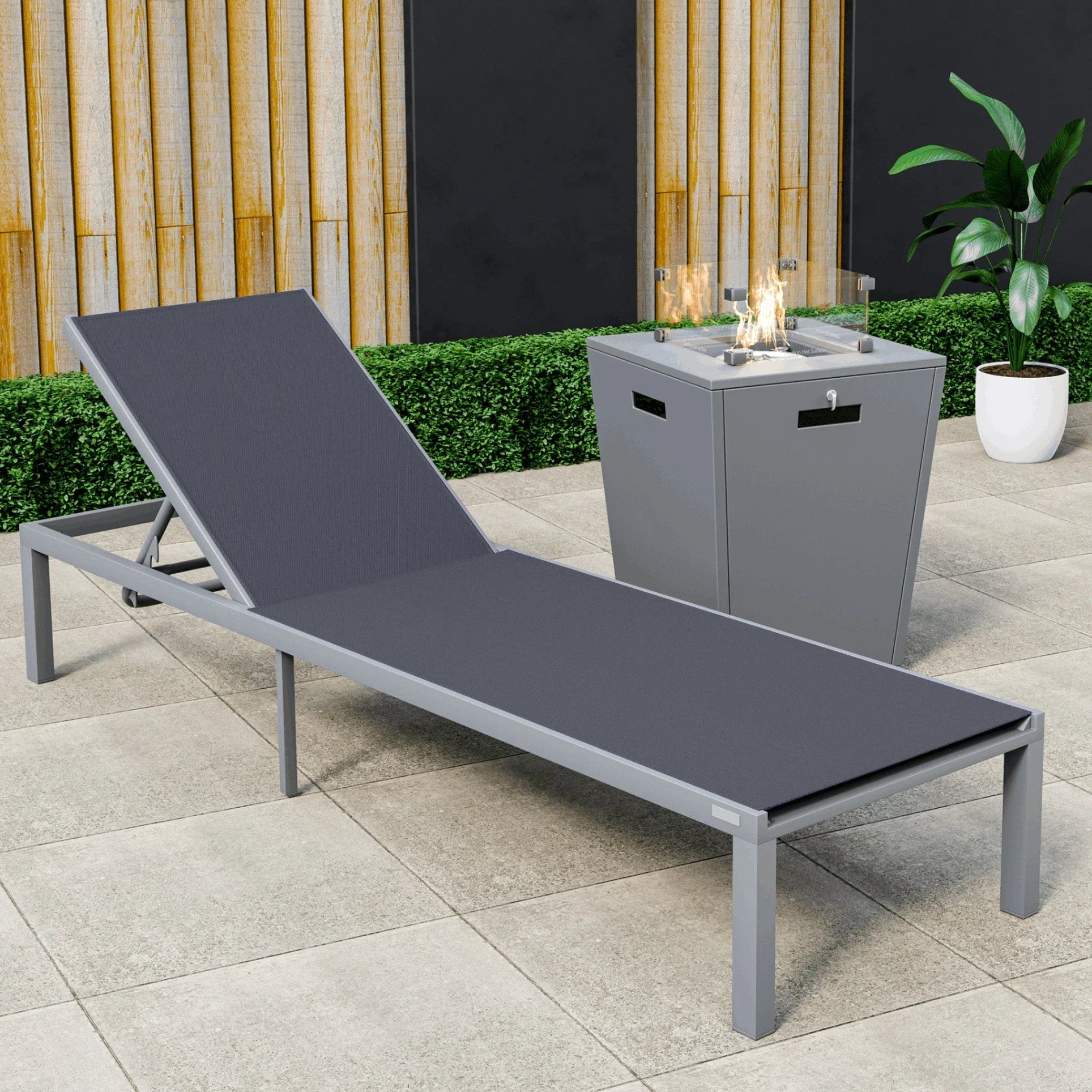 Marlin Aluminum Outdoor Chaise Lounge Chair with a Square Fire Pit Table - Elax Furniture