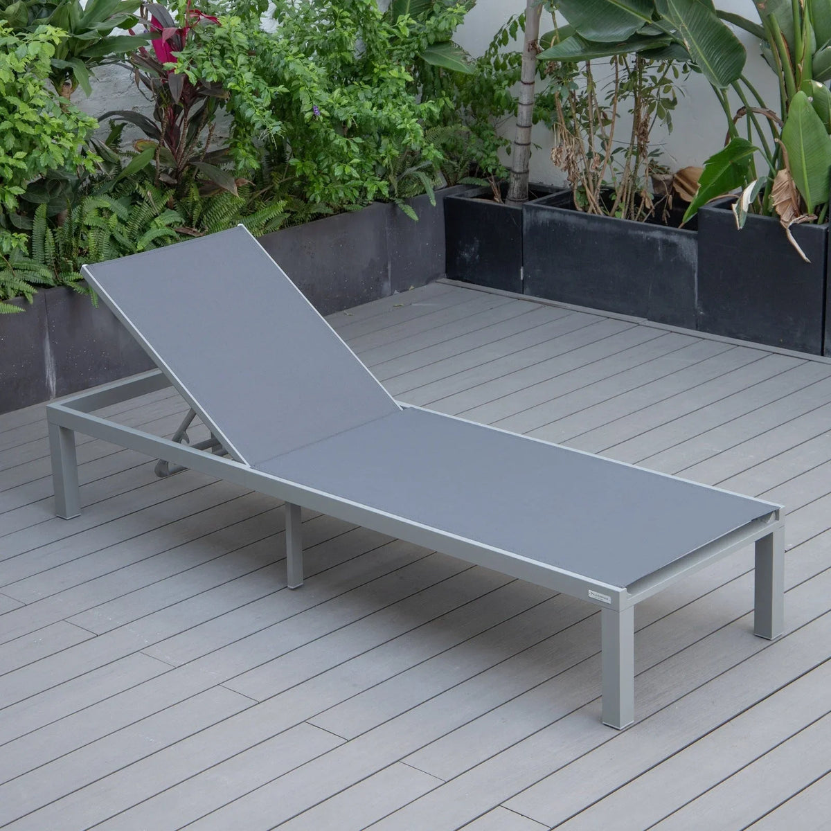 Marlin Modern Gray Aluminum Outdoor Chaise Lounge Chair With Square Fire Pit Side Table Set of 2 - Elax Furniture