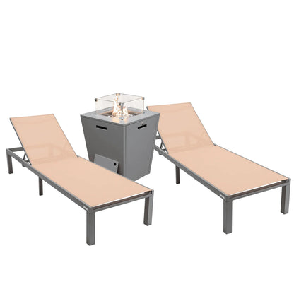 Marlin Modern Gray Aluminum Outdoor Chaise Lounge Chair With Square Fire Pit Side Table Set of 2 - Elax Furniture