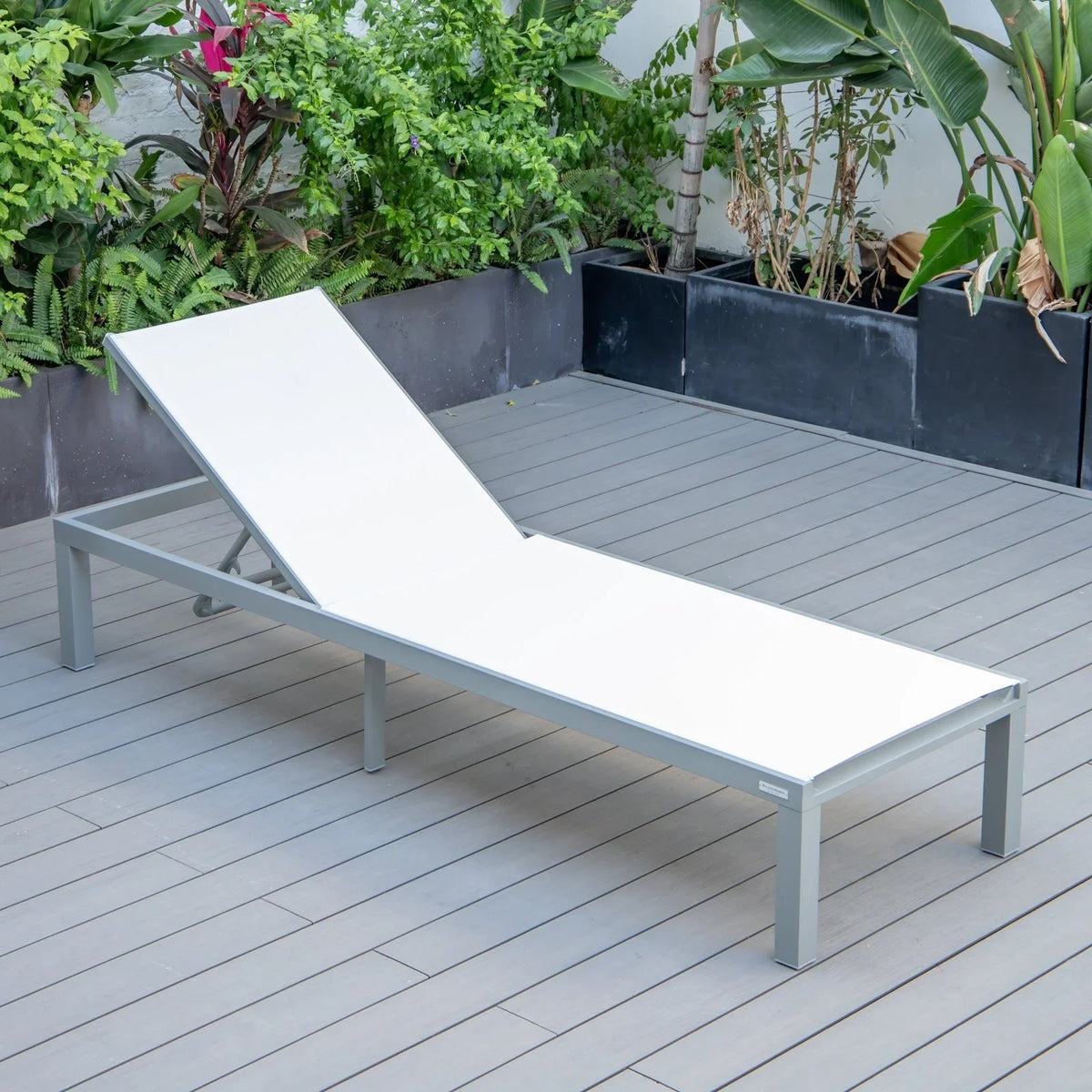 Marlin Modern Gray Aluminum Outdoor Chaise Lounge Chair With Square Fire Pit Side Table Set of 2 - Elax Furniture