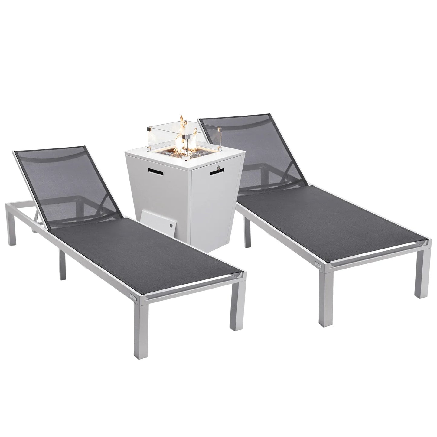 Marlin Modern White Aluminum Outdoor Chaise Lounge Chair With Square Fire Pit Side Table Set of 2 - Elax Furniture