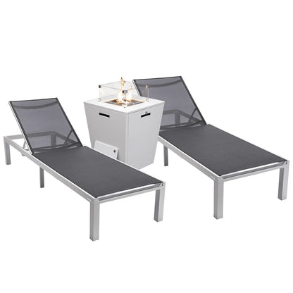 Marlin Modern White Aluminum Outdoor Chaise Lounge Chair With Square Fire Pit Side Table Set of 2 - Elax Furniture
