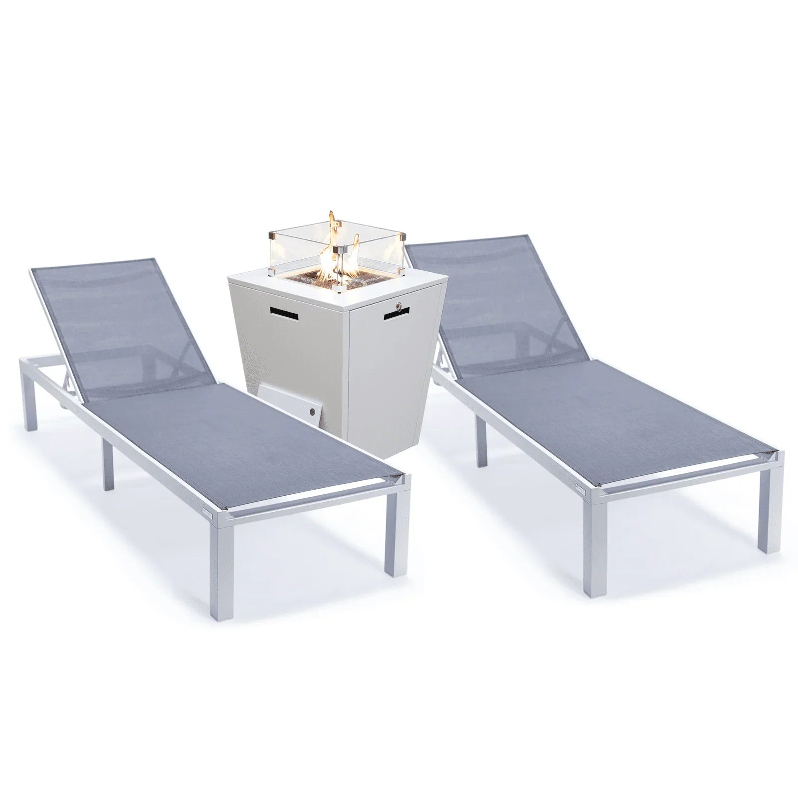 Marlin Modern White Aluminum Outdoor Chaise Lounge Chair With Square Fire Pit Side Table Set of 2 - Elax Furniture