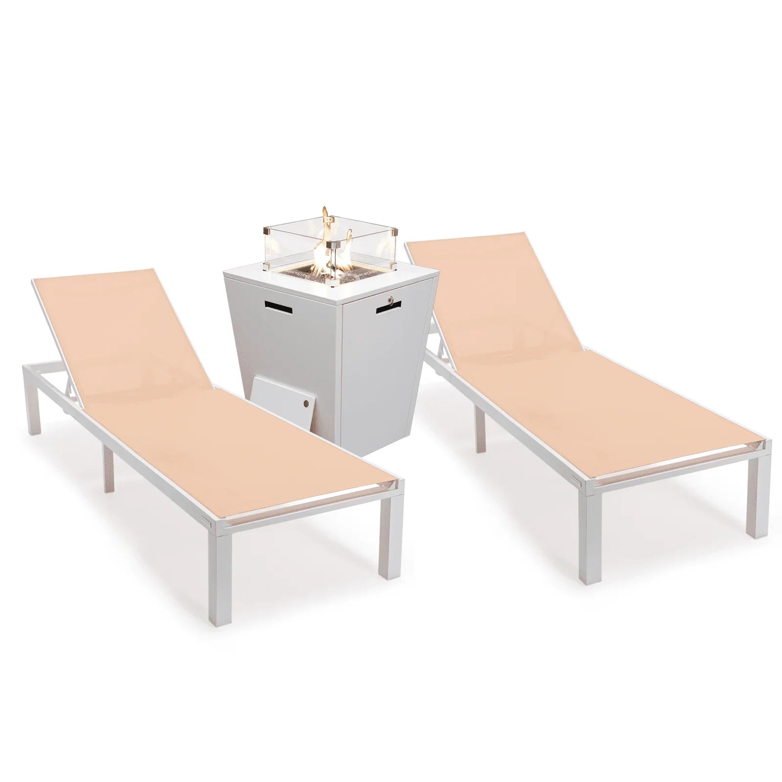Marlin Modern White Aluminum Outdoor Chaise Lounge Chair With Square Fire Pit Side Table Set of 2 - Elax Furniture