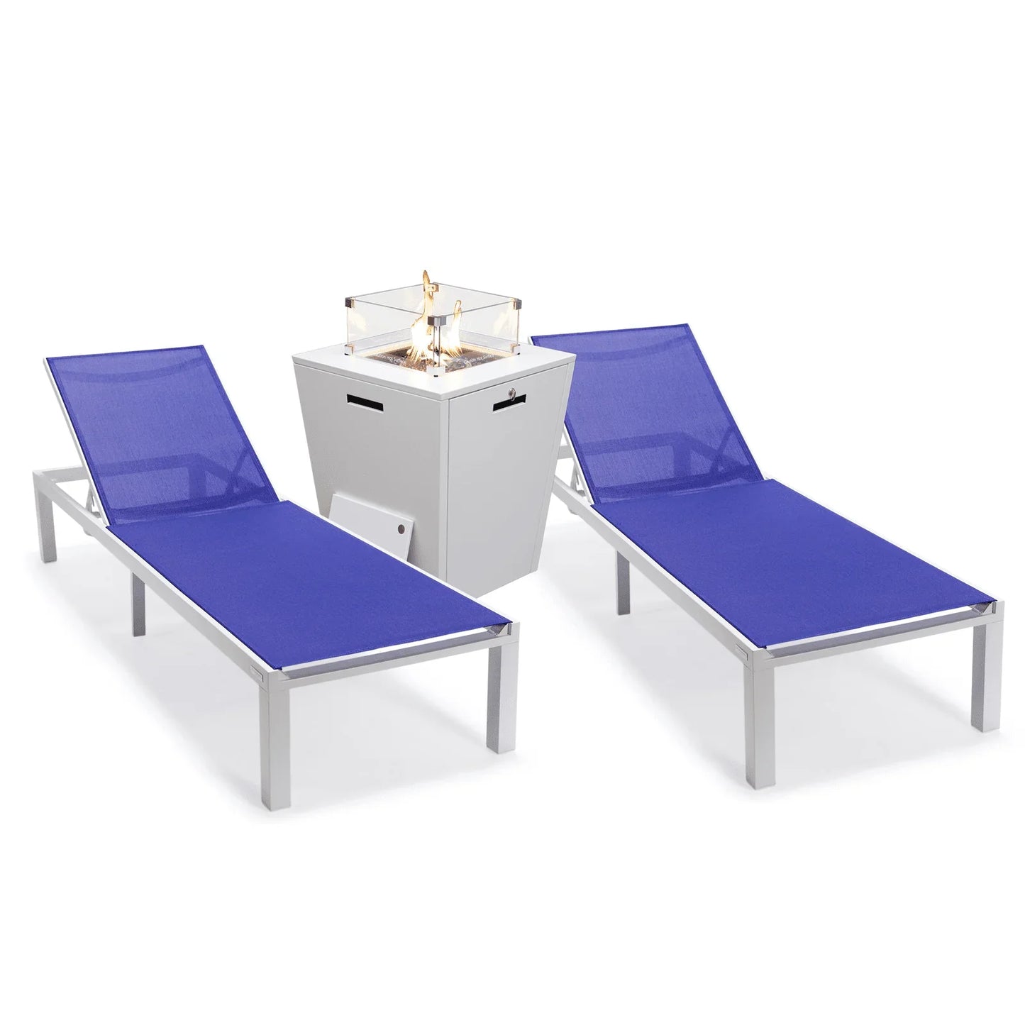 Marlin Modern White Aluminum Outdoor Chaise Lounge Chair With Square Fire Pit Side Table Set of 2 - Elax Furniture