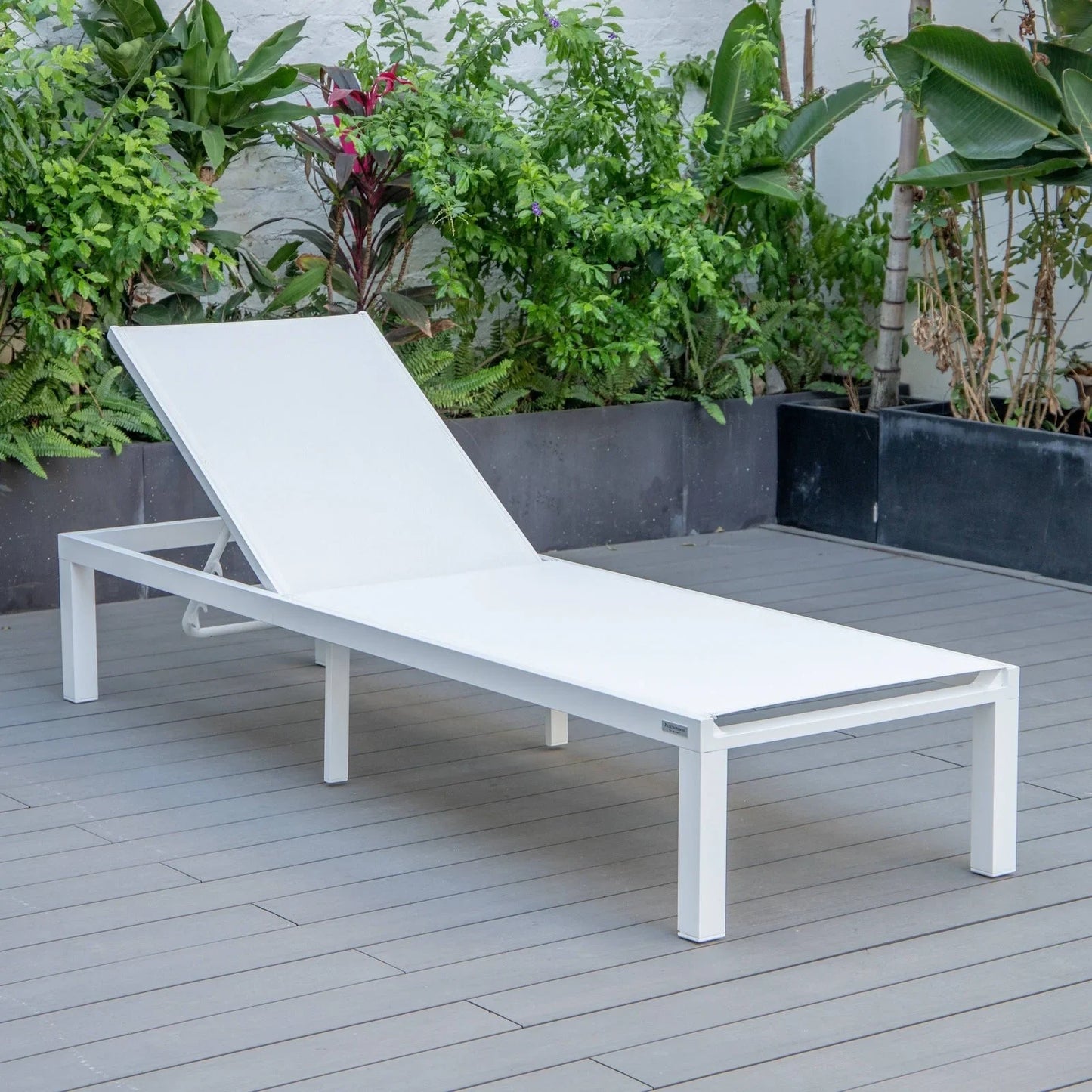 Marlin Modern White Aluminum Outdoor Chaise Lounge Chair With Square Fire Pit Side Table Set of 2 - Elax Furniture