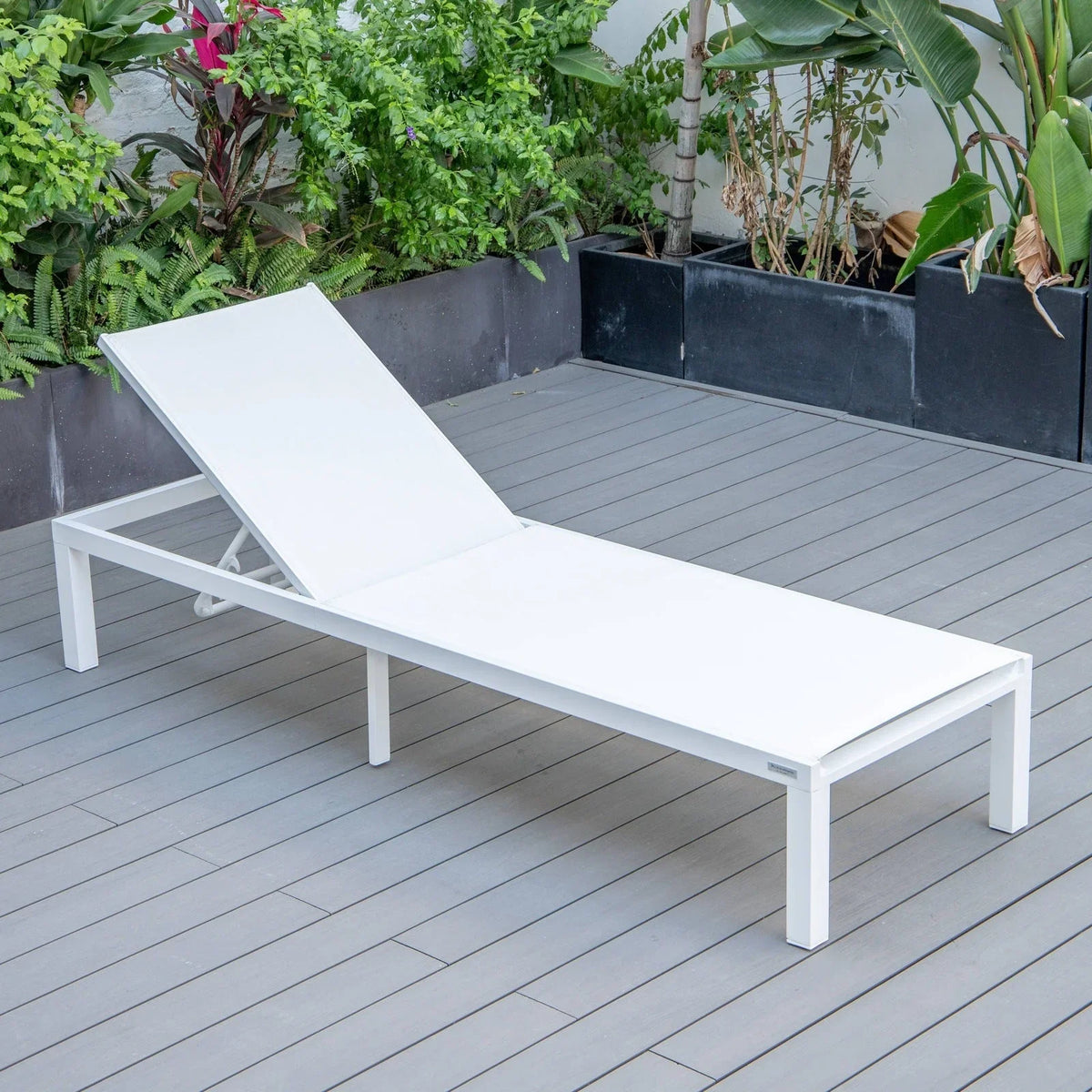 Marlin Modern White Aluminum Outdoor Chaise Lounge Chair With Square Fire Pit Side Table Set of 2 - Elax Furniture