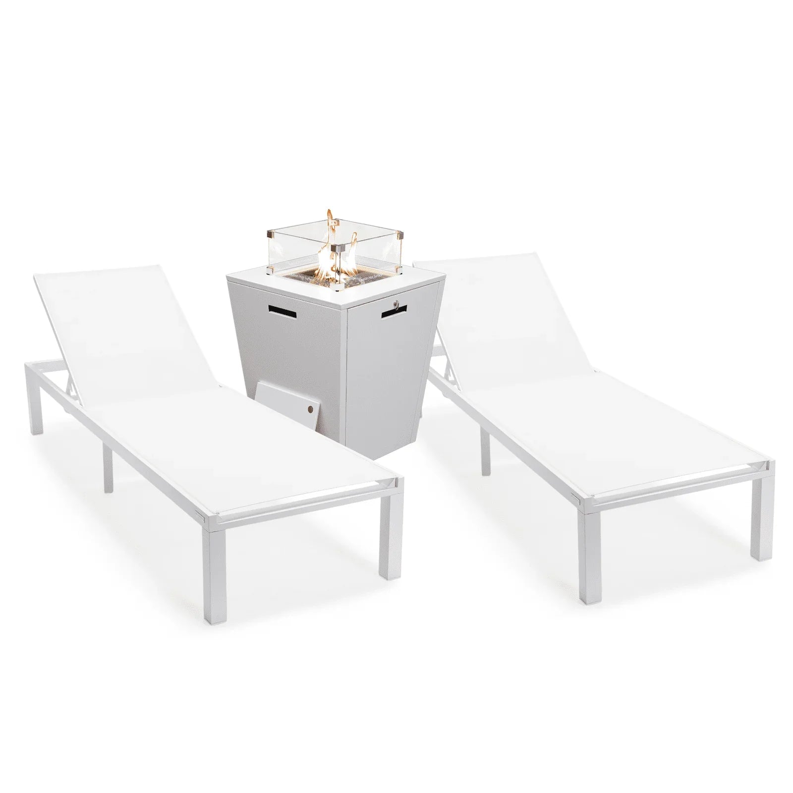 Marlin Modern White Aluminum Outdoor Chaise Lounge Chair With Square Fire Pit Side Table Set of 2 - Elax Furniture