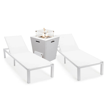 Marlin Modern White Aluminum Outdoor Chaise Lounge Chair With Square Fire Pit Side Table Set of 2 - Elax Furniture