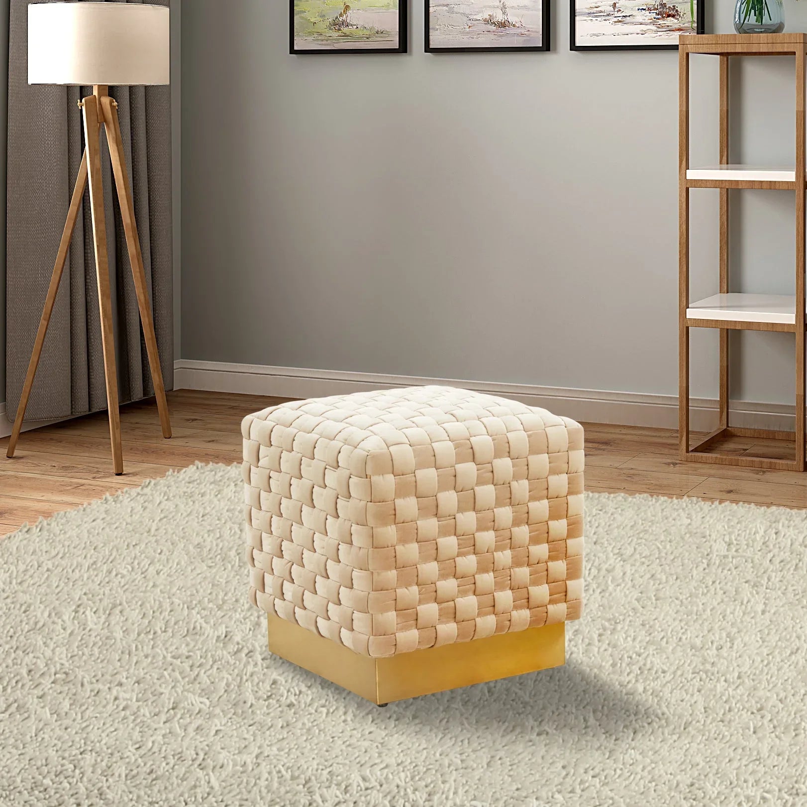 Myrtle 19" Square Weave Design Velvet Ottoman With Gold Base - Elax Furniture