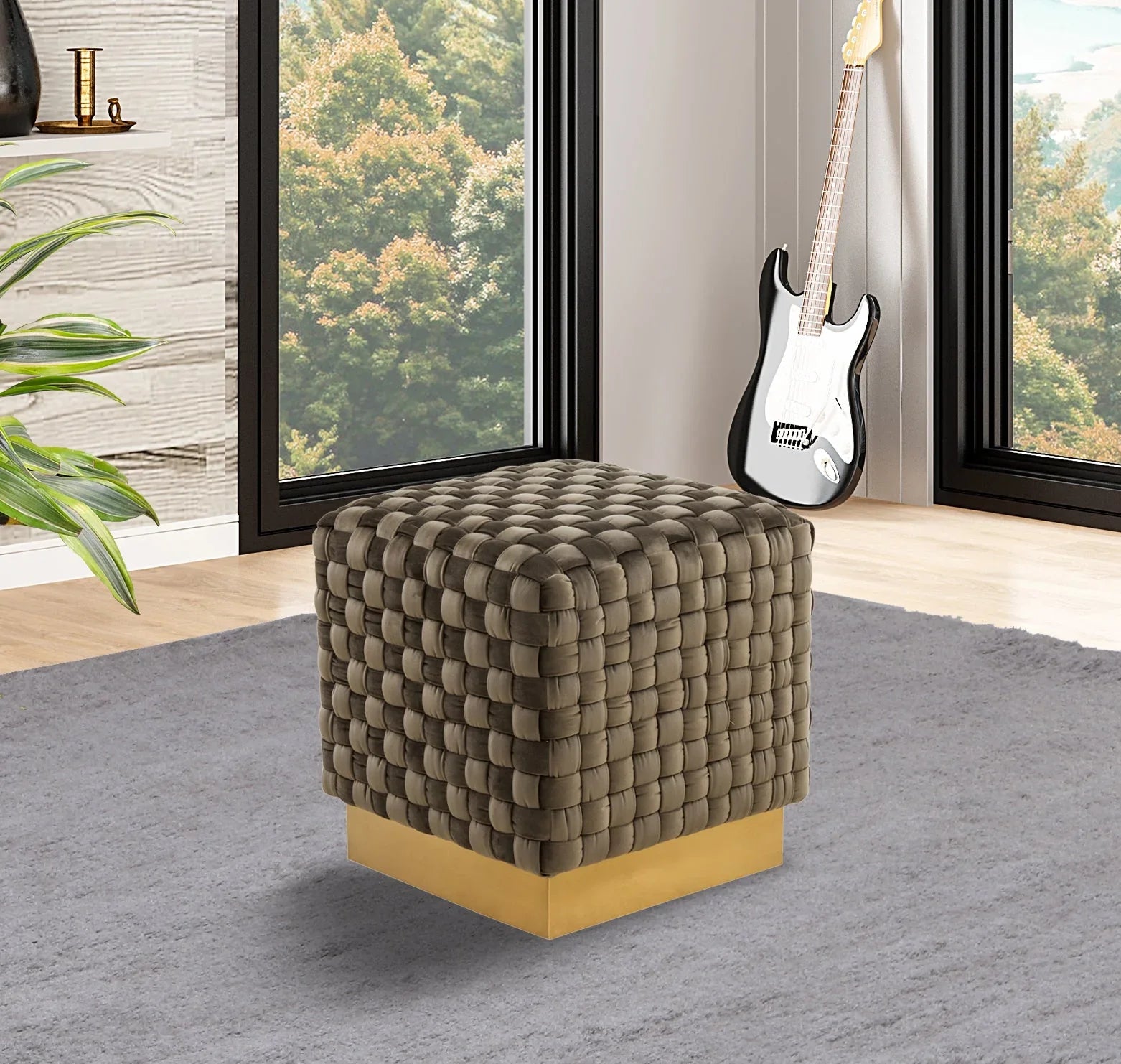 Myrtle 19" Square Weave Design Velvet Ottoman With Gold Base - Elax Furniture
