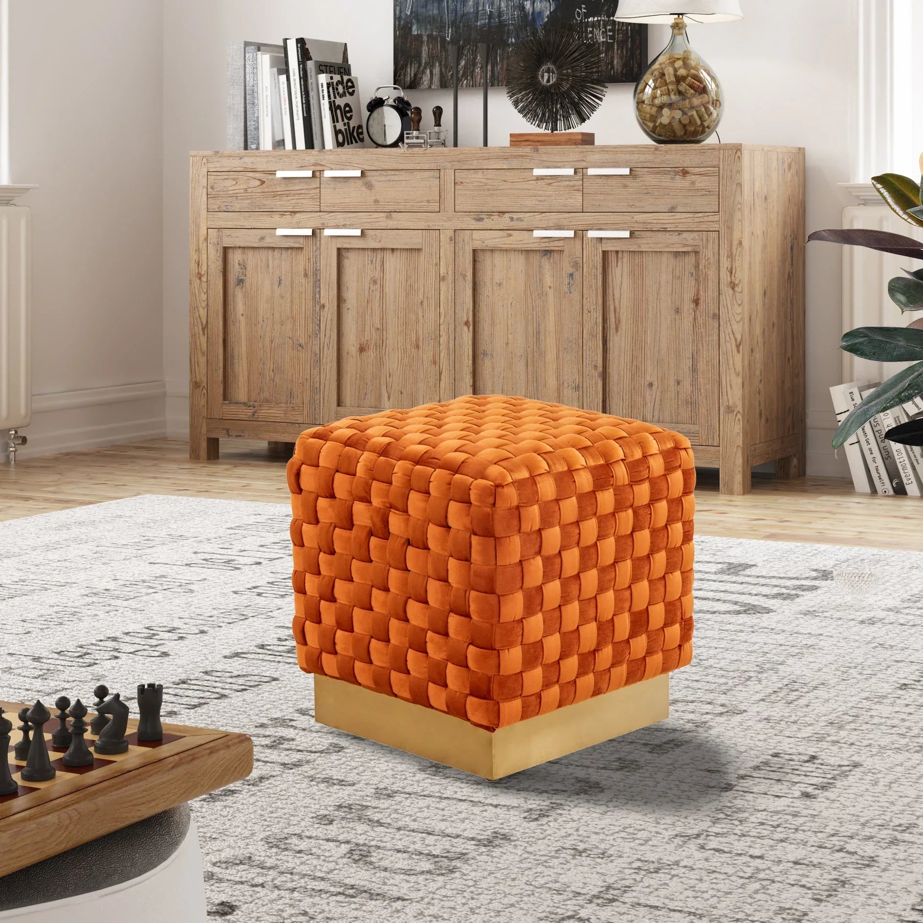 Myrtle 19" Square Weave Design Velvet Ottoman With Gold Base - Elax Furniture
