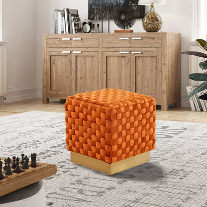 Myrtle 19" Square Weave Design Velvet Ottoman With Gold Base - Elax Furniture
