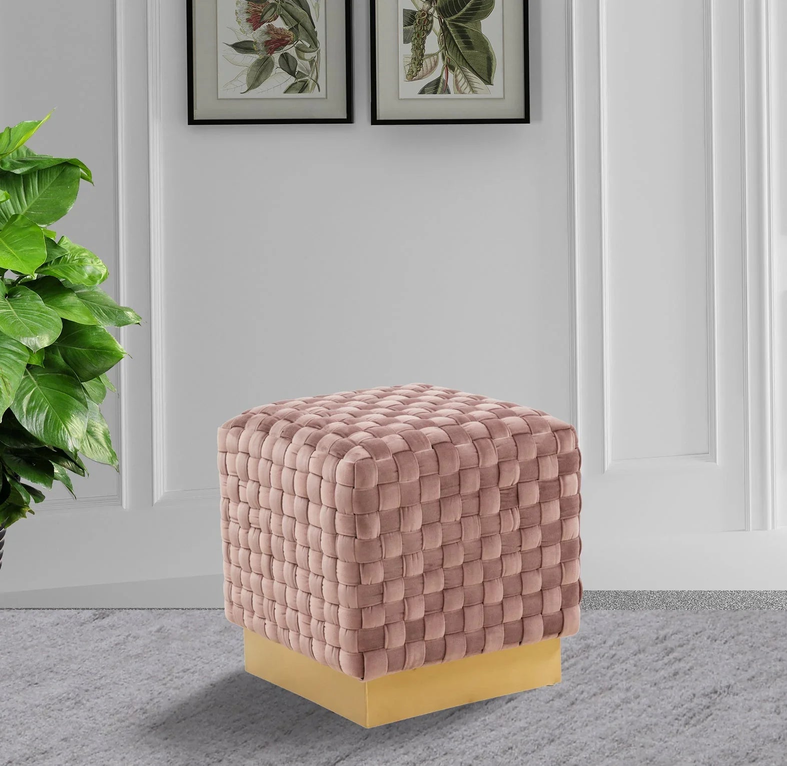 Myrtle 19" Square Weave Design Velvet Ottoman With Gold Base - Elax Furniture