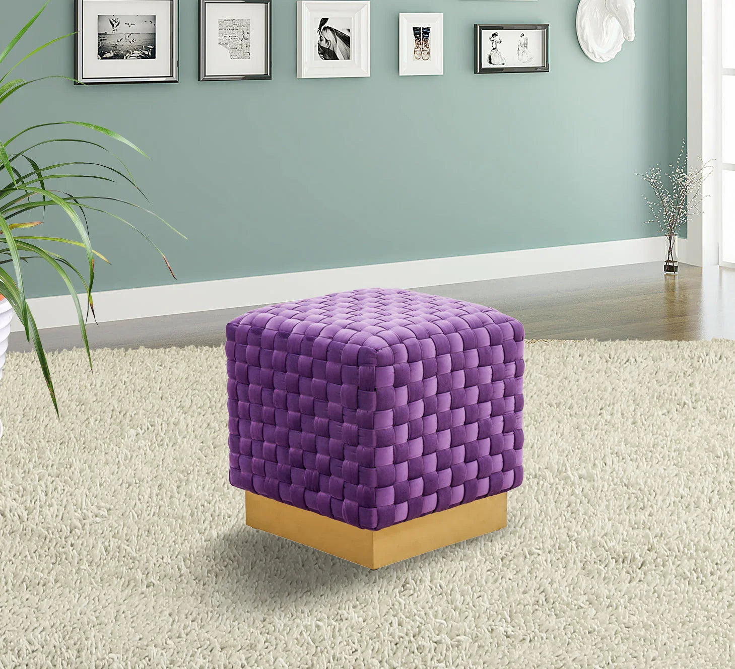 Myrtle 19" Square Weave Design Velvet Ottoman With Gold Base - Elax Furniture