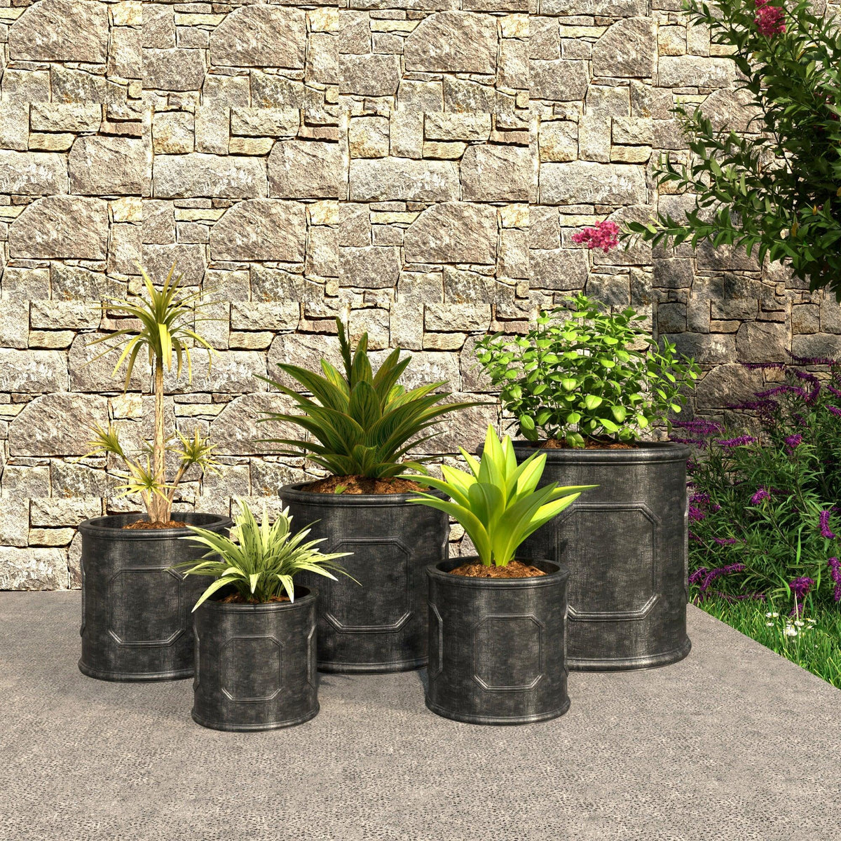 Meadow 5-Piece Fiberstone and MGO Clay Planter Set, Mid-Century Modern Round Planter Pot for Indoor and Outdoor - Elax Furniture