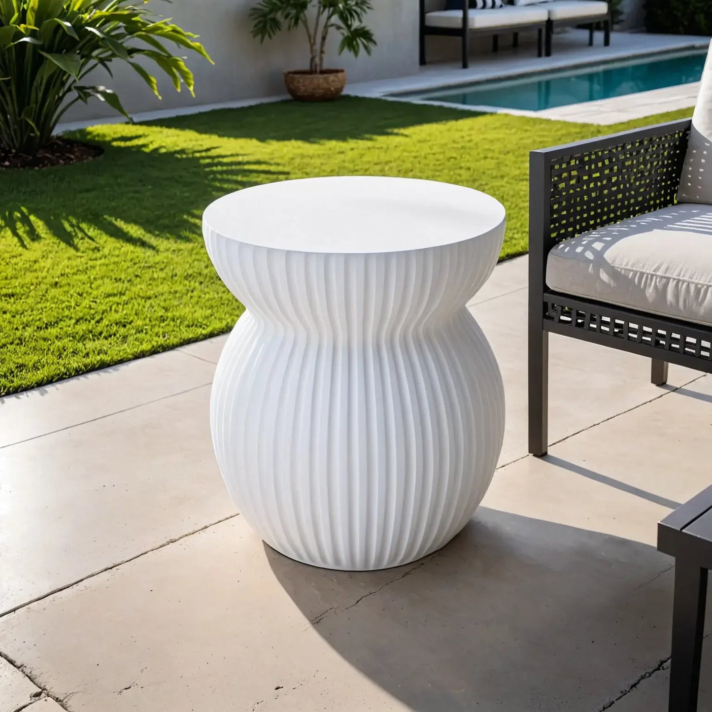 Mander Fiberstone Side Table with Ribbed Hourglass Design for Indoor and Outdoor - Elax Furniture