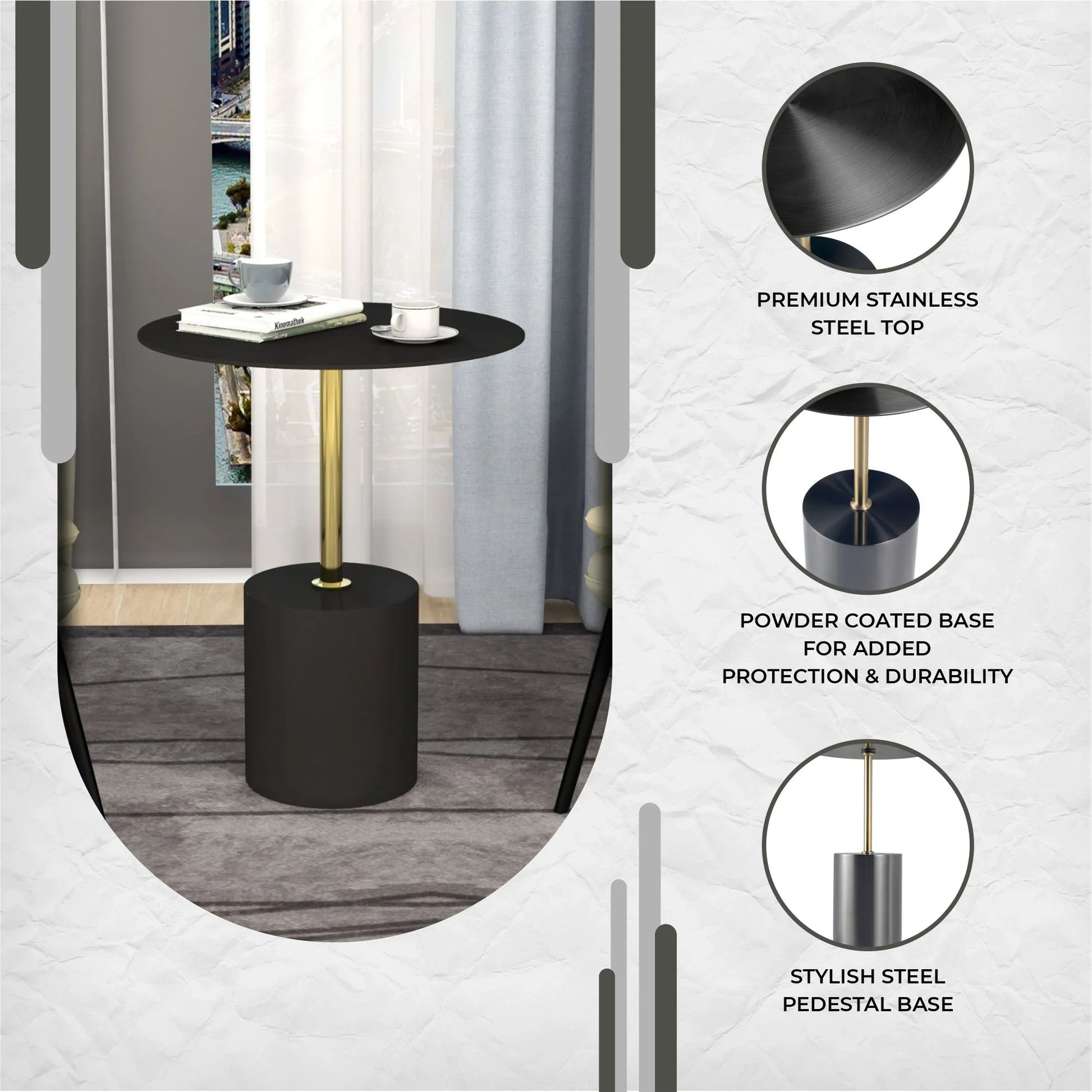 Malta Round Side Table Modern Accent End Table with Stainless Steel Pedestal Base - Elax Furniture