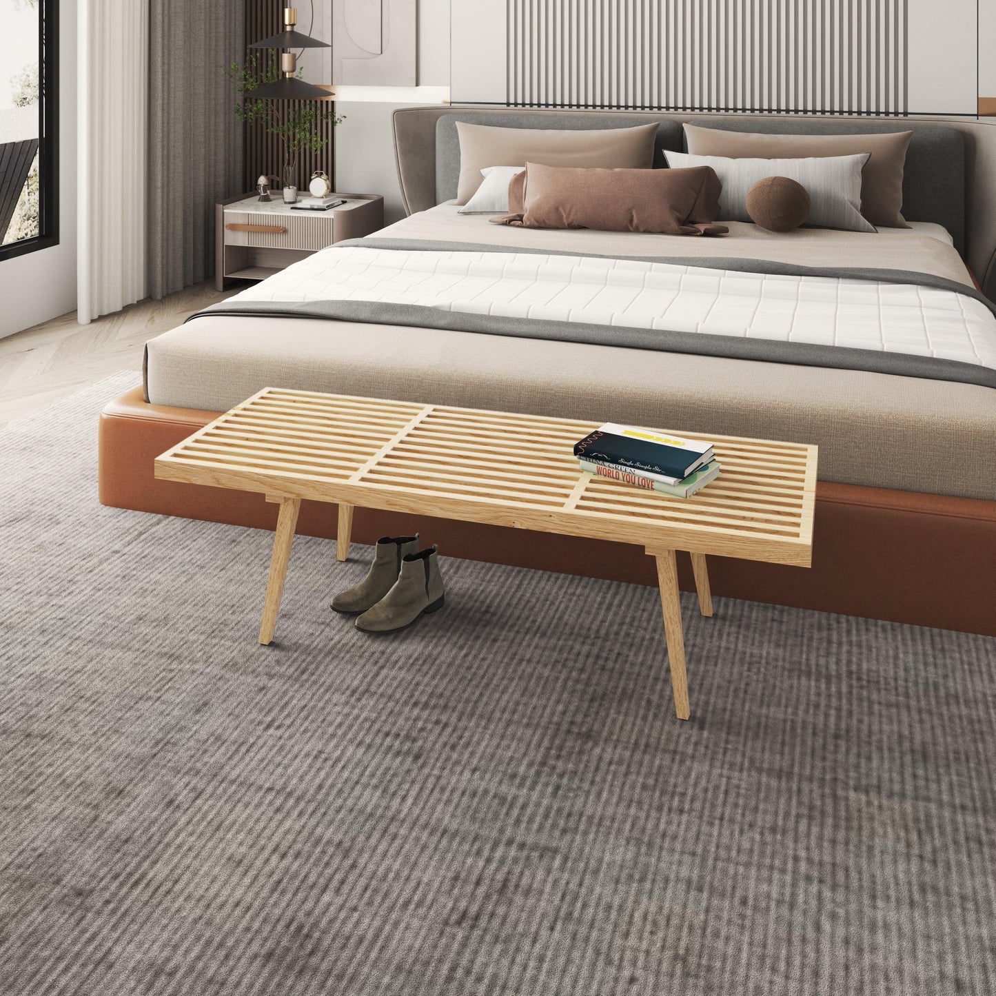 Inwood 5 Feet Platform Bench with Rubberwood Frame and Beech Wood Legs - Elax Furniture