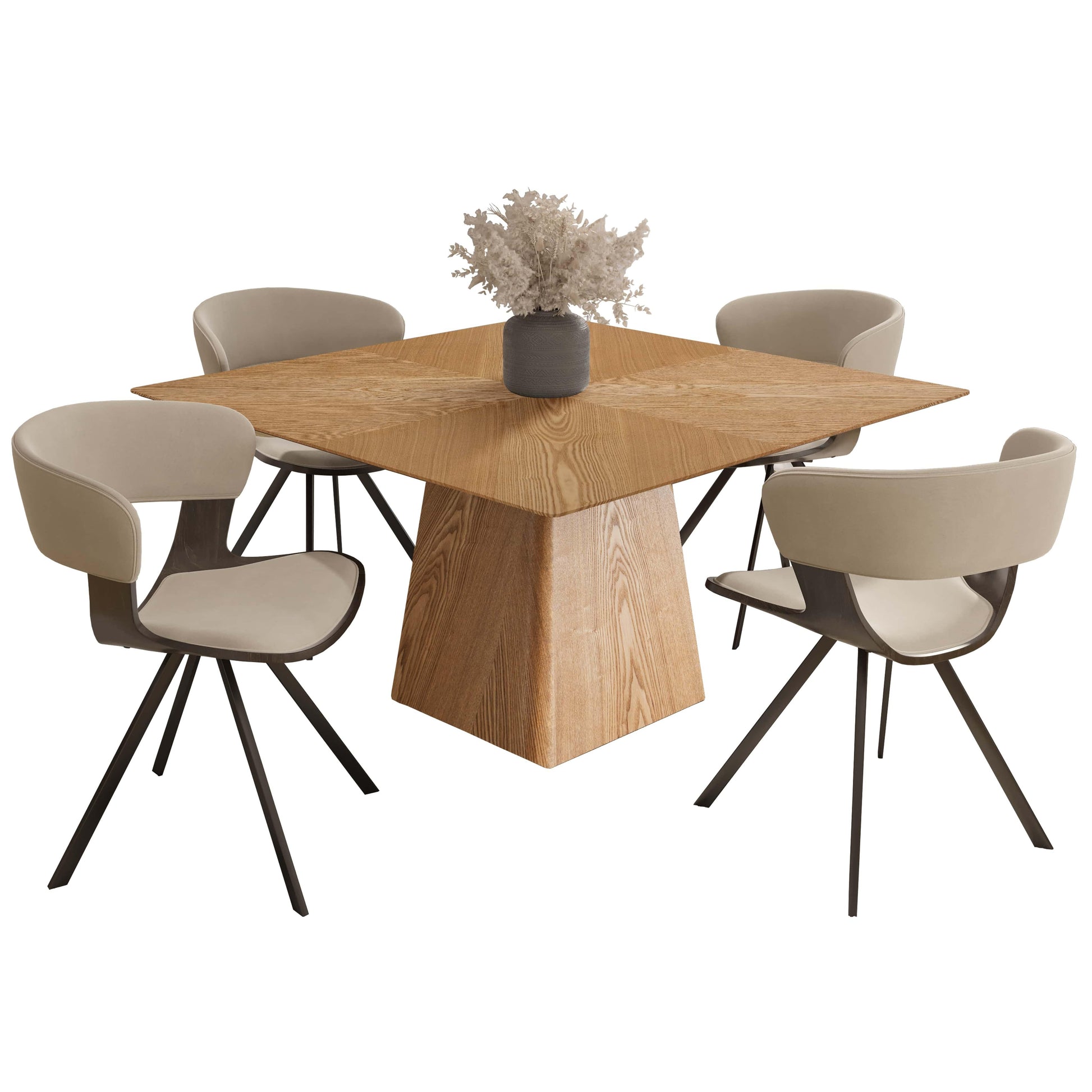 Zephry 5-Piece Dining Set with Square Wooden Table in Natural Wood and 4 Leather Dining Chairs - Elax Furniture