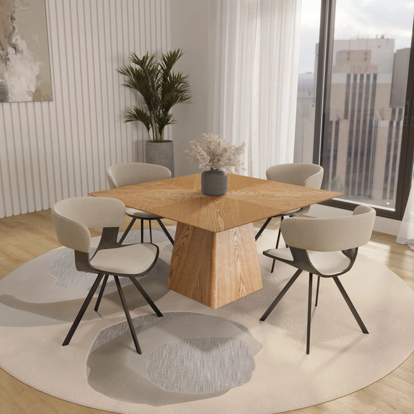 Zephry 5-Piece Dining Set with Square Wooden Table in Natural Wood and 4 Leather Dining Chairs