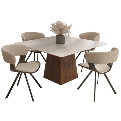Zephry 5-Piece Dining Set with Square Dining Table White Sintered Stone Top and 4 Leather Dining Chairs - Elax Furniture